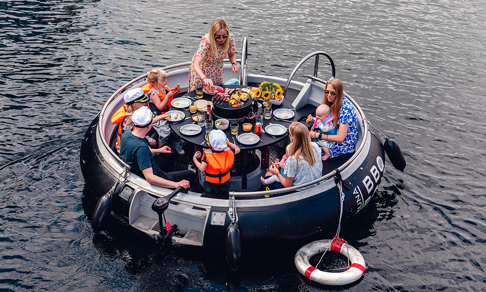 BBQ Boats have a grill in the middle to cook whatever you like on