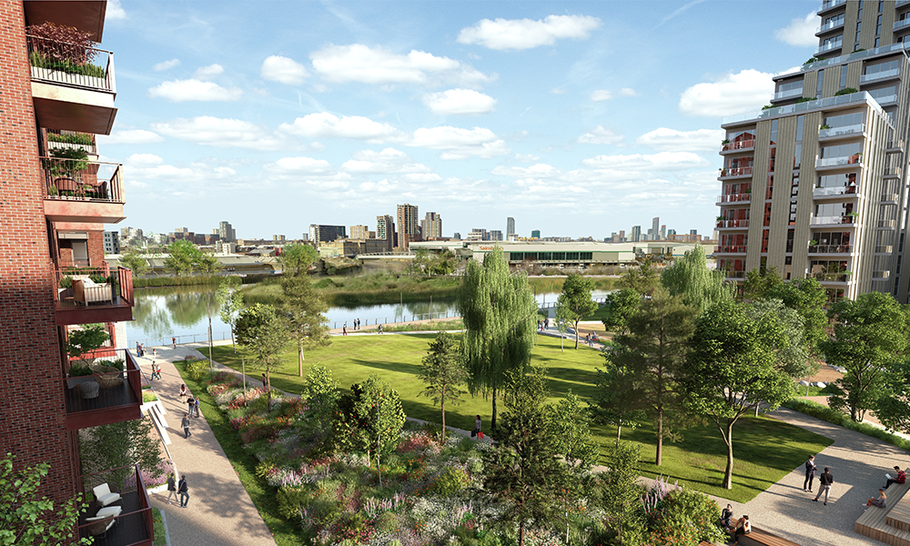 An artist's impression of open space at Poplar Riverside