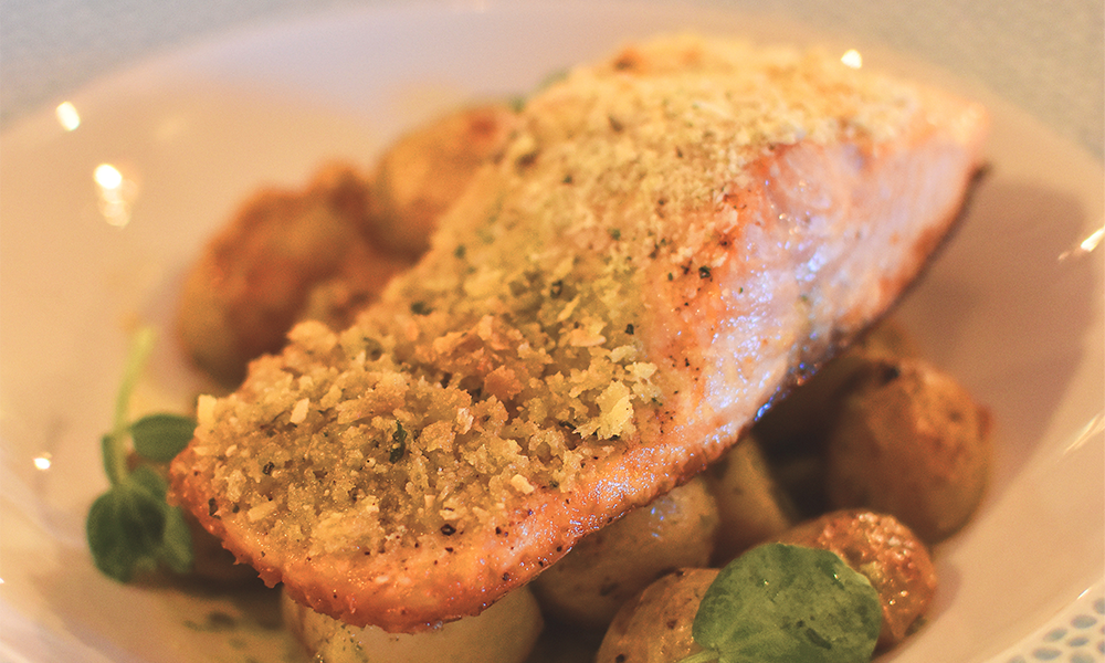 Herb-crusted chalk stream trout with Jersey royals (£20)