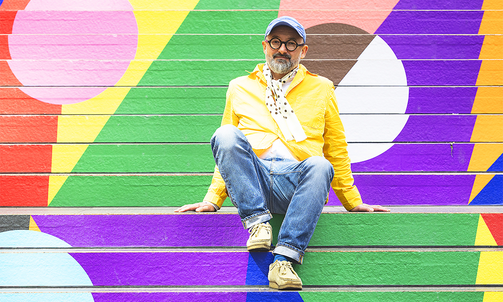 Lotar sits amid his work Jump at Reuters Plaza Steps