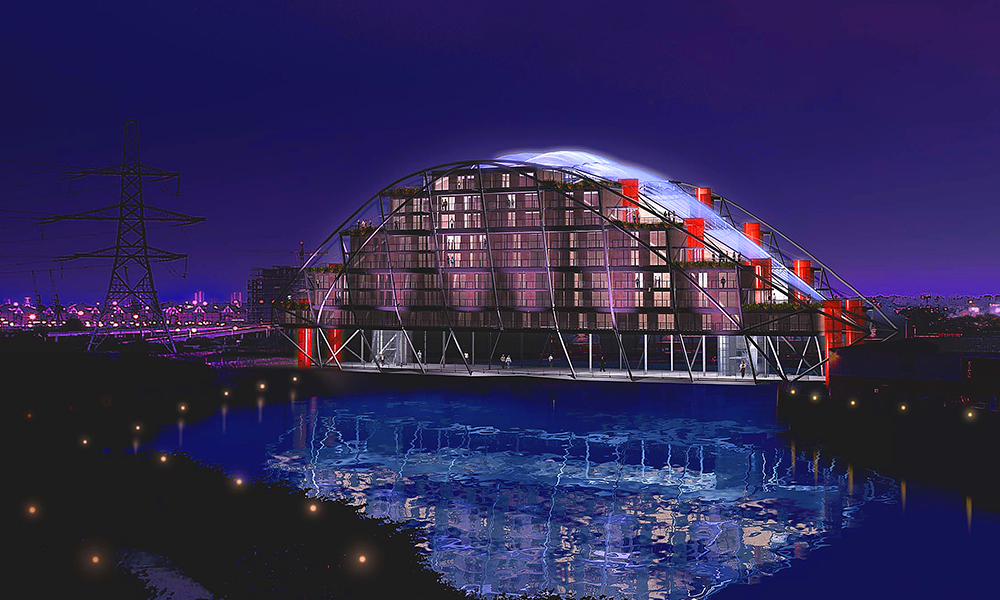 A rendering of the Living Bridge by night