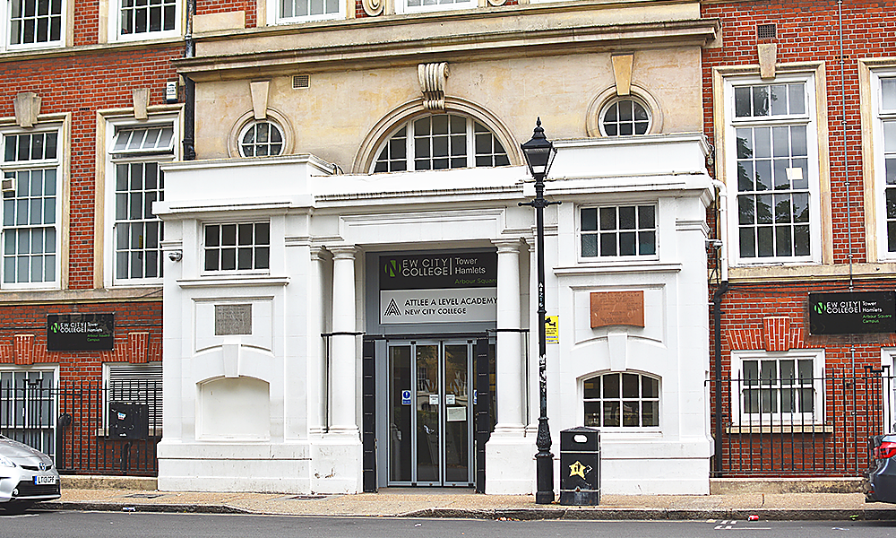 Image shows the main entrance to New City College's Attlee A Level Academy in Stepney, an Edwardian building in east London