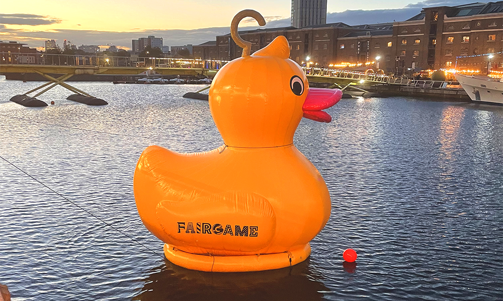 Fairgame's five-metre high duck is outside the venue in the dock