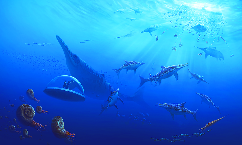 Images shows an artist's impression of prehistoric sea creatures in the VR world under the ocean