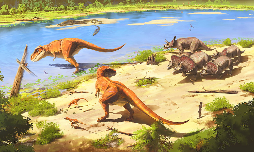 Image shows an artist's impression of dinosaurs meeting Triceratops in the VR experience