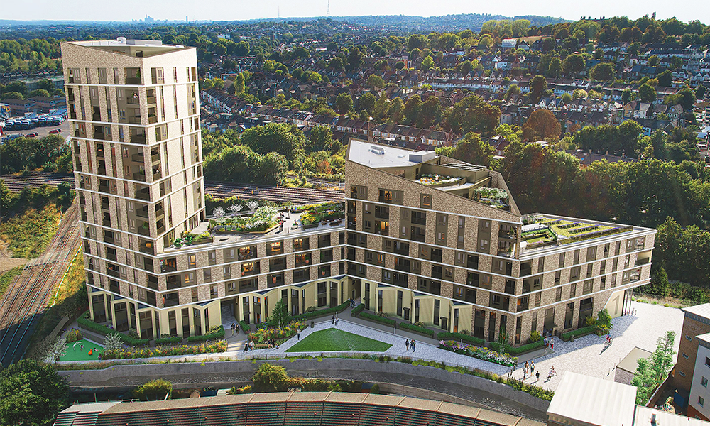 A computer generated images of Square Roots Lewisham, a south-east London development built in white brick