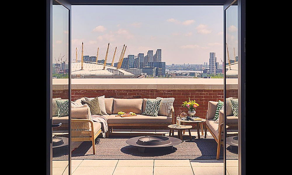 Image shows the view from a terrace at 8 Harbord Square, overlooking The O2 and Greenwich Peninsula