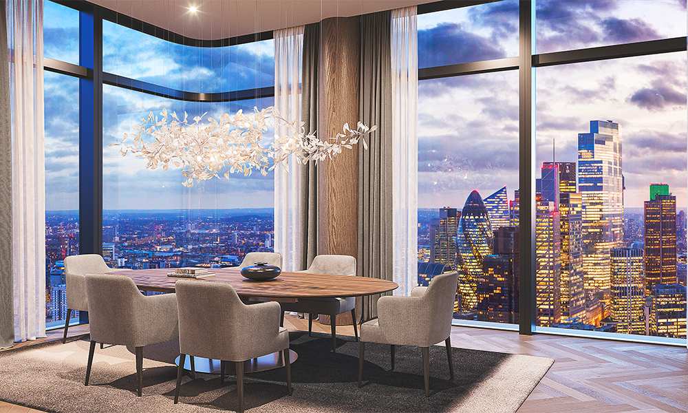 Image shows a dining table and chairs in front of windows through which can be seen the City Of London skyline