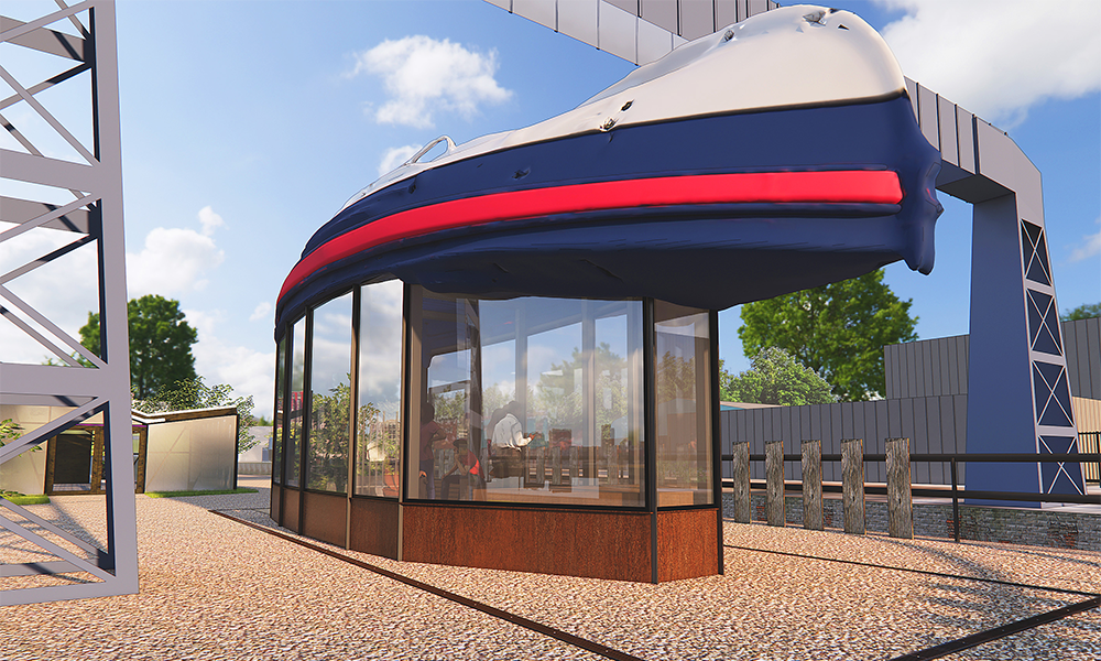Computer generated image shows a glass walled structure with a blue and red boat as its roof - Cody Dock's planned heritage centre