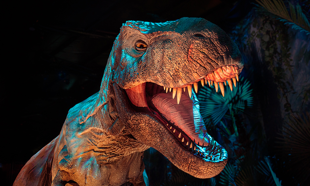 Image shows an animatronic T-Rex dinosaur at Excel's Jurassic World: The Exhibition in 2022