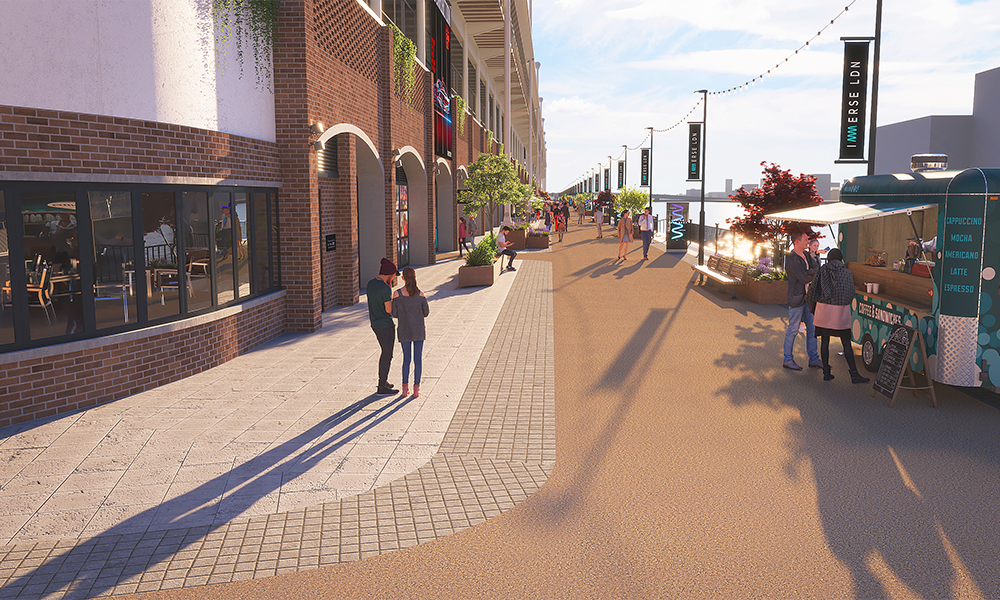 Image shows a CGI of Immerse LDN with places to heat and street food vendors