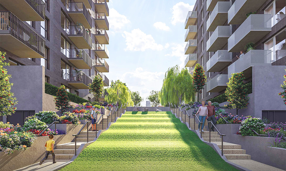 A computer generated image of open landscaped space at NHG Homes' Kidbrooke Square scheme