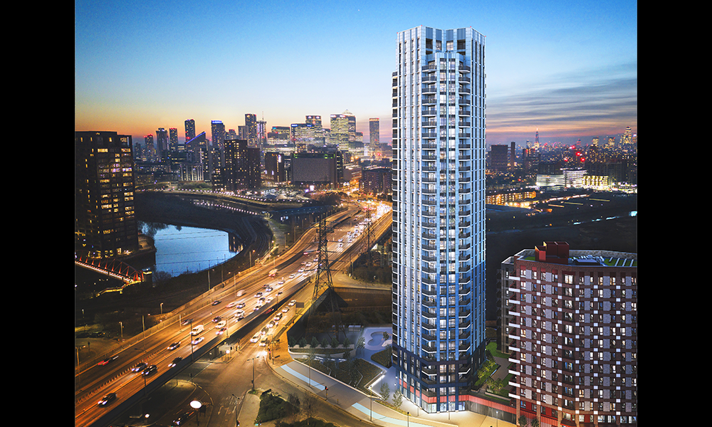 Image shows an artist's impression of SO Resi Canning Town, a tall blue residential block