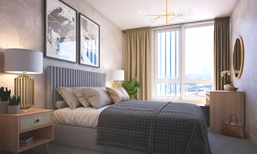 Image shows a bedroom in a show home at SO Resi Canning Town