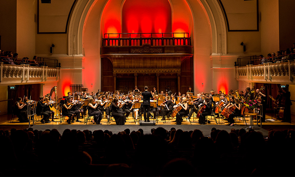 Image shows the Docklands Sinfonia on stage mid-performance