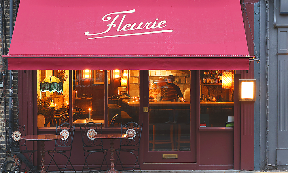 Image shows the exterior of Fleurie wine bar in south-east London, designed by 3equals1 Design