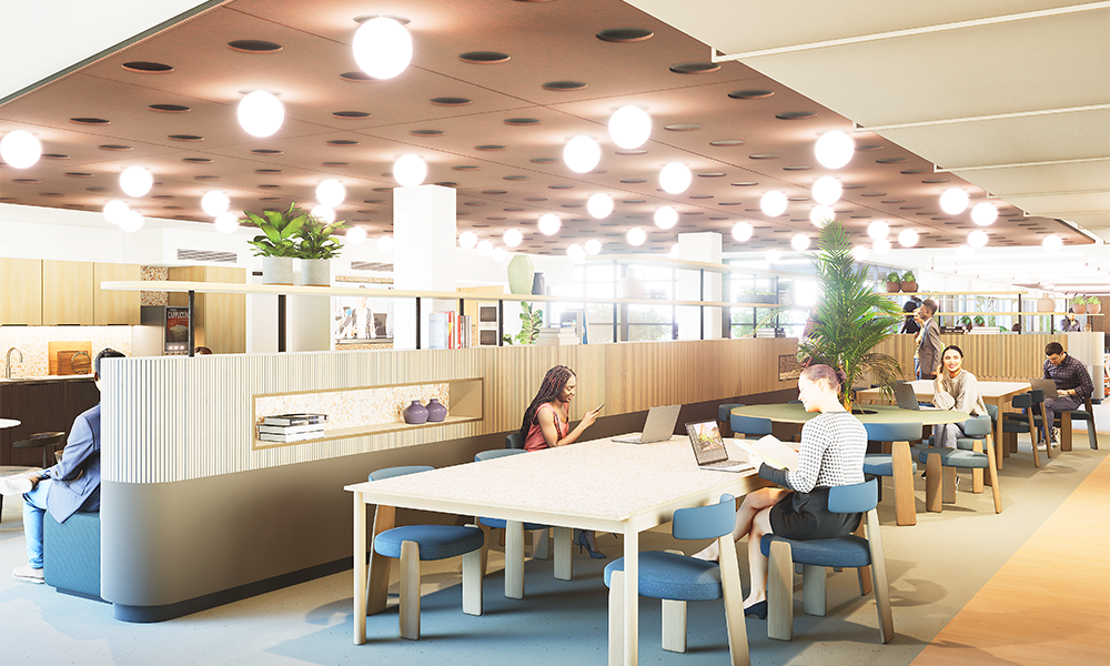 Image shows a CGI of an office interior by 3equasl1 Design