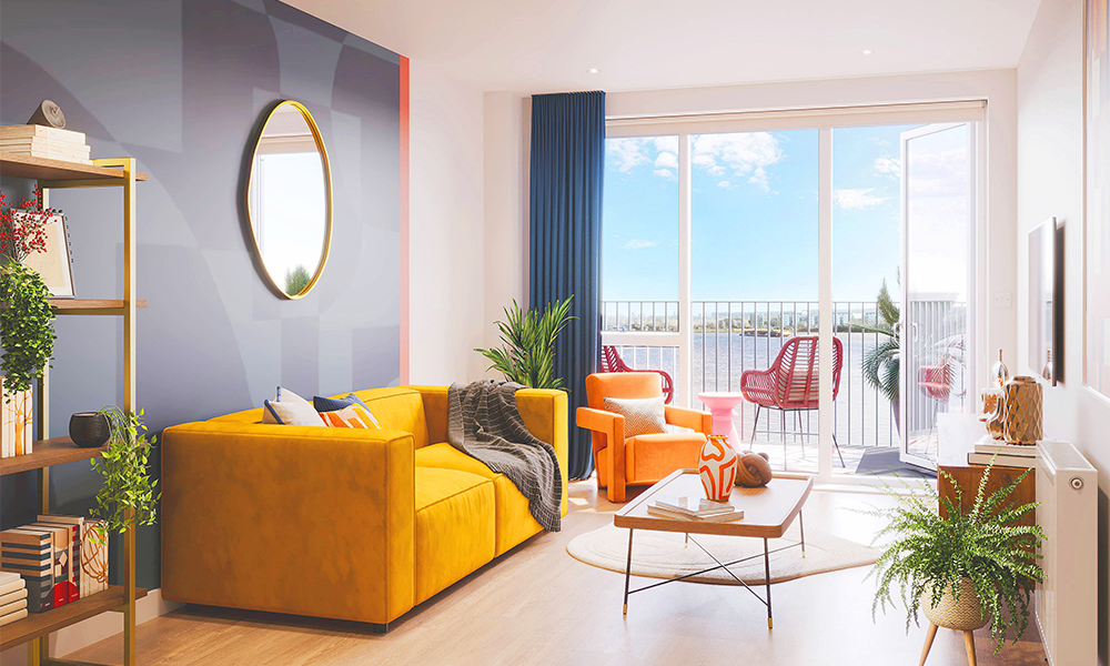 Image shows a show home living area including a balcony with a view of the Thames