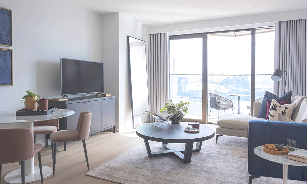 Image shows a rental apartments at 10 George Street with show home furniture and a view over The O2