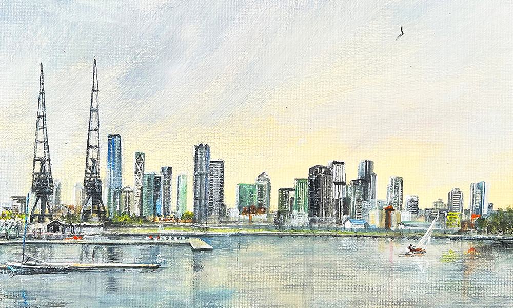 Image shows Ed's painting of Millwall Outer Dock with Canary Wharf's towers in the background