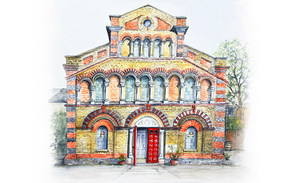 Image shows a painting of The Space arts centre, a converted church made of yellow bricks with a red door by Ed J Bucknall