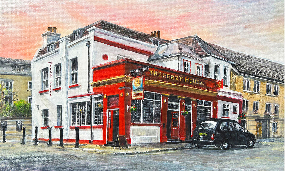 Image shows Ed's painting of The Ferry House pub on the Isle Of Dogs, available to buy at The Space