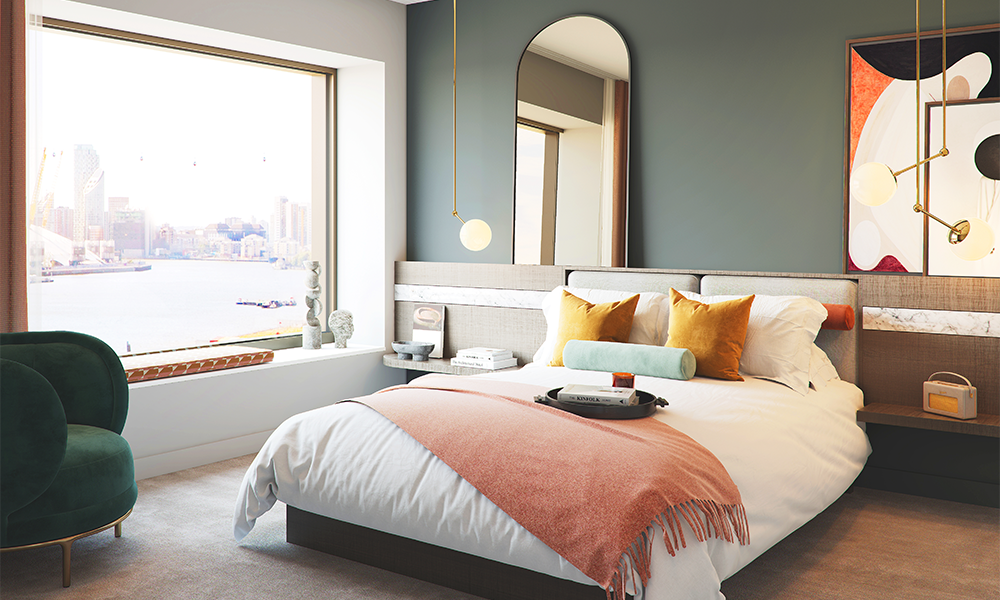 Image shows a bedroom in an apartment at Ballymore's development