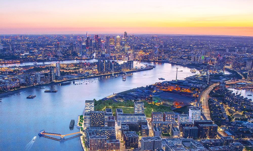 Image shows Ballymore's Riverscape development right beside Lyle Park with Greenwich Peninsula and Canary Wharf in the distance