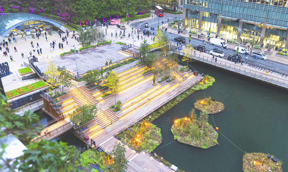 Image shows Eden Dock from above with seating areas and waterside boardwalks