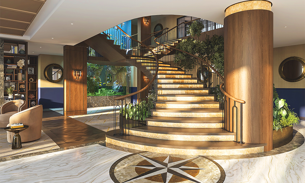 An artist's impression of the main staircase at the Mauretania Lounge