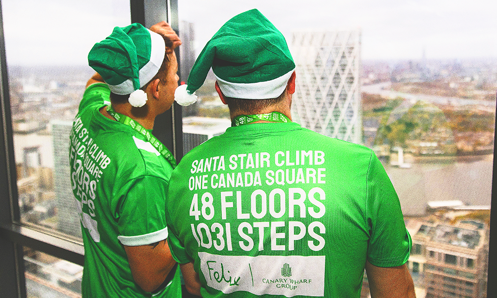 The Santa Stair Climb is back at One Canada Square in aid of The Felix Project