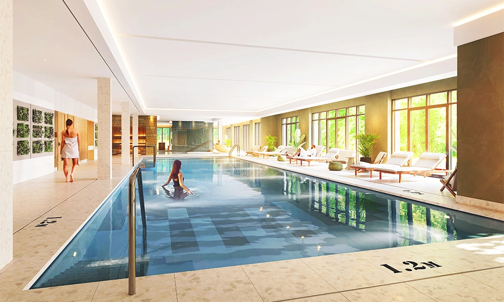 An artist's impression of the residents' pool at the development, which is on the first floor of The Millhouse building - image by Berkeley Group