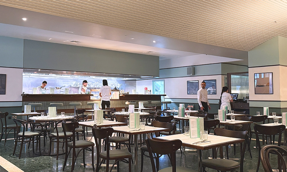Clean and green: The first floor dining room at Lina Stores in Crossrail Place - image by Jon Massey