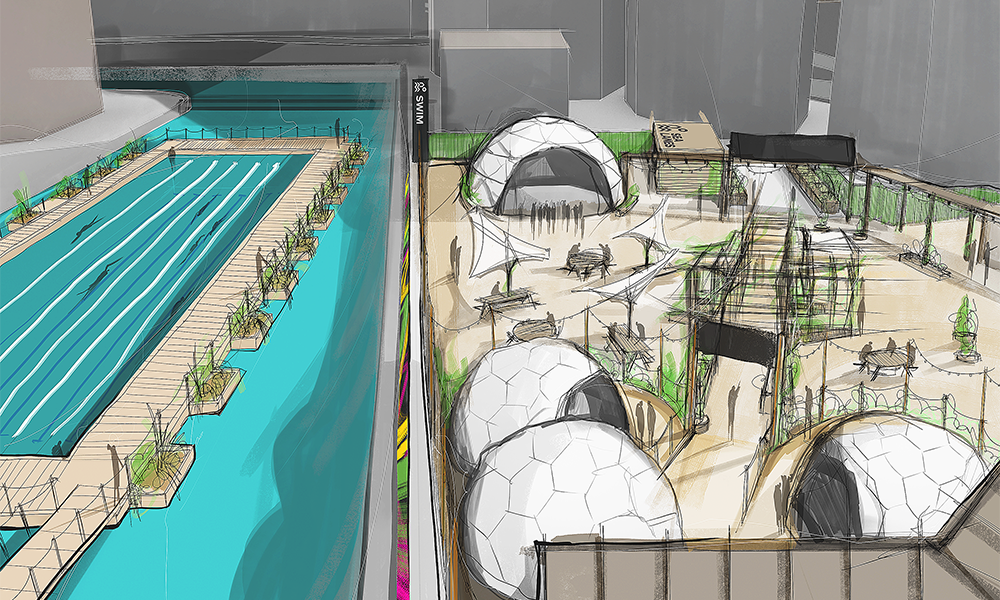 The installation will include a floating lido as well as facilities on land - image by Canary Wharf Group