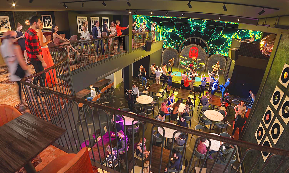 An artist's impression of the main stage at Amazing Grace in Canary Wharf - image by K&G Hospitality