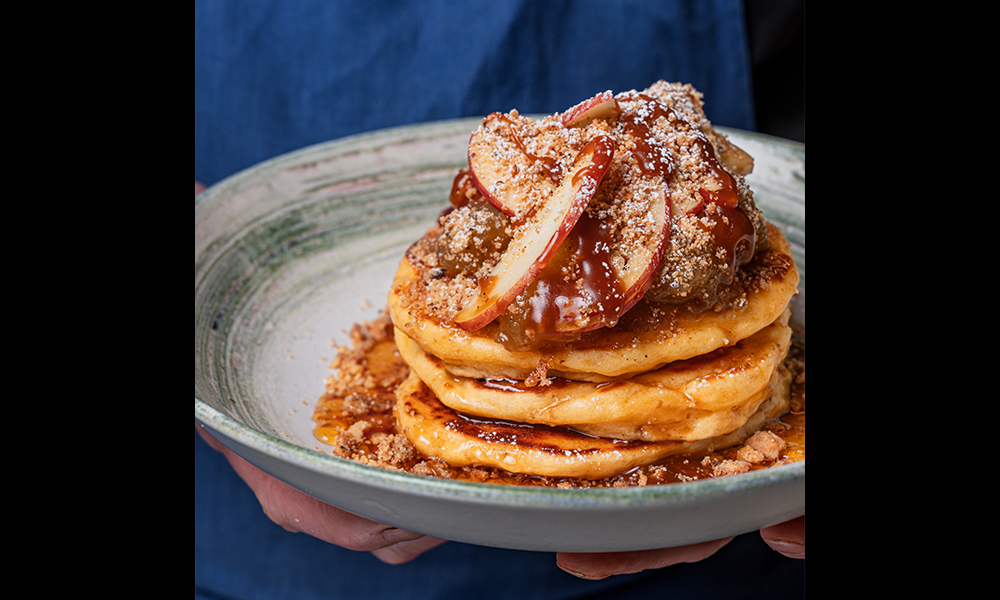 Apple And Walnut pancakes with a salted caramel sauce and a cinnamon crumble - image by A Dash And A Splash