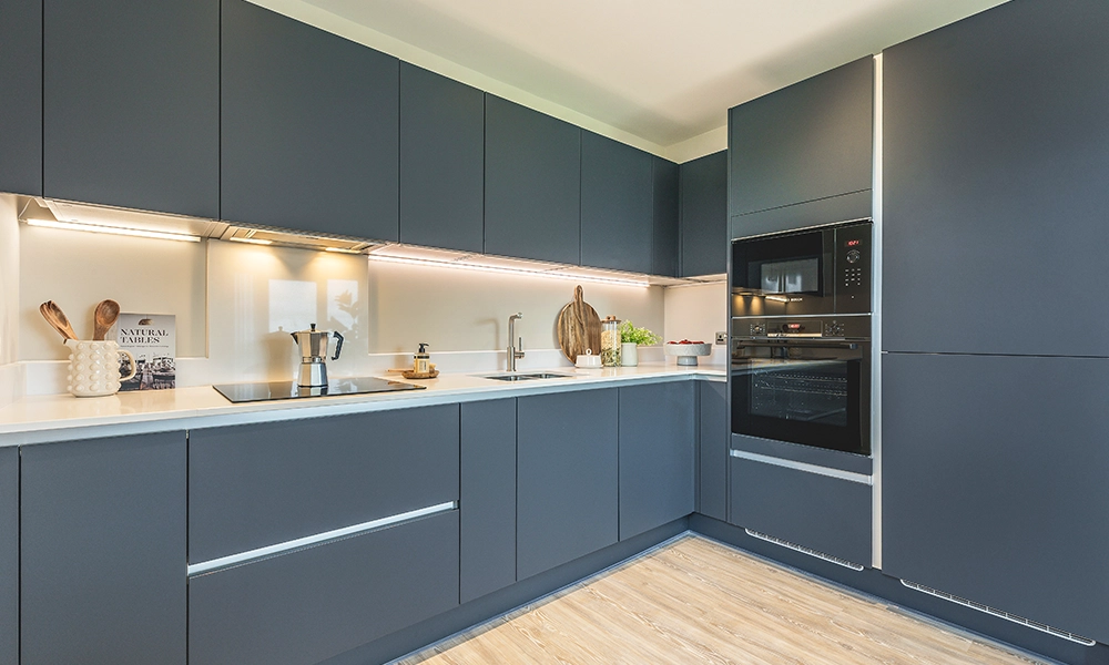 
The sleek grey kitchen at the Lampton Parkside show home - image supplied by The Hill Group