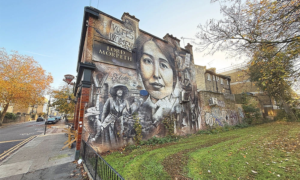 A mural on the side of the Lord Morpeth pub celebrating the work of Sylvia Pankhurst and the East London Federation Of Suffragettes - image by Jon Massey / Wharf Life