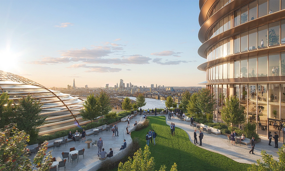 An artist's impression of a roof terrace at JP Morgan Chase's forthcoming Riverside South plans - image by JP Morgan Chase / Foster + Partners