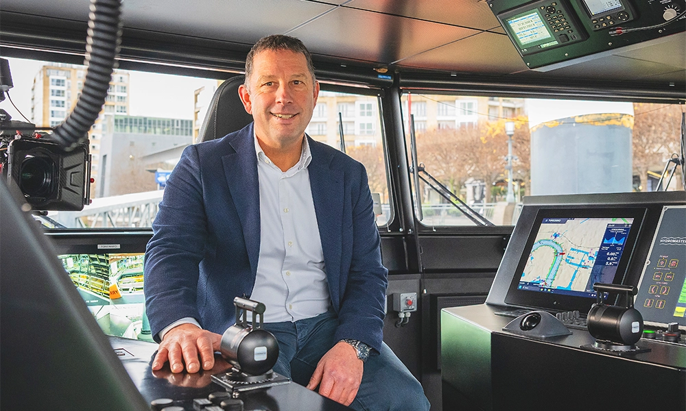 Uber Boat By Thames Clippers' CEO and co-founder Sean Collins at the controls of Orbit Clipper - image supplied by Thames Clippers