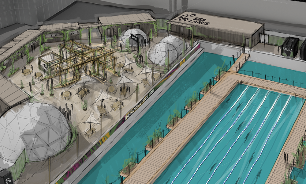 The floating swimming pool will be fed with water by the dock - image supplied by Canary Wharf Group