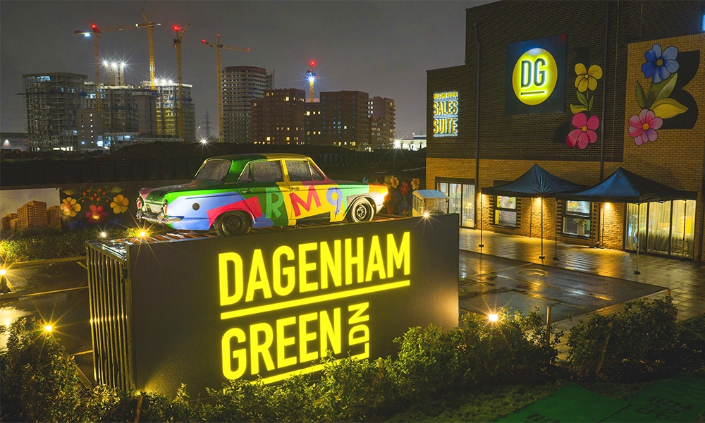 Dagenham Green has unveiled a brightly coloured Cortina, marking the site's former incarnation as part of Ford's enormous east London plant - image supplied by The Hill Group