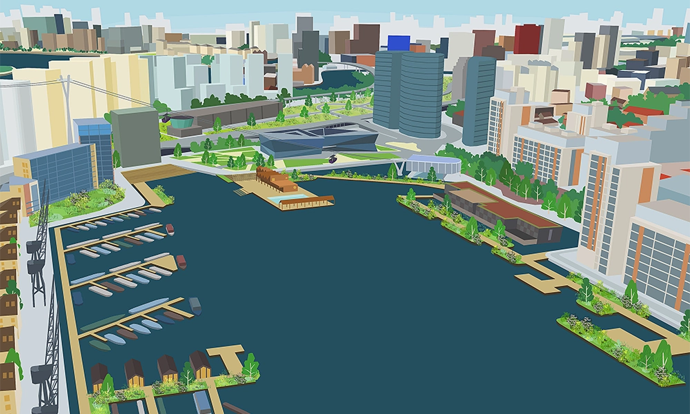 An artist's impression of the future of Royal Victoria Dock including a floating park, lido and residential moorings - image supplied by RDW