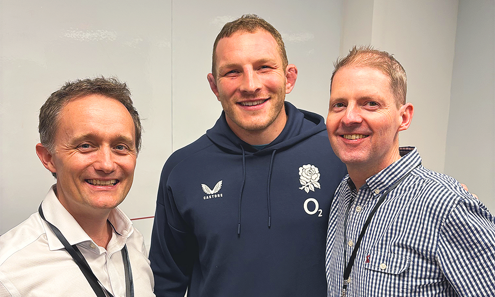 David and Tim with England Rugby's Sam Underhill - image supplied by EarLab