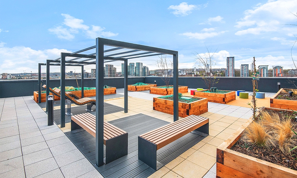 Residents at Stories Wharf get access to a roof terrace with views over the surrounding skyline - image supplied by Hyde New Homes