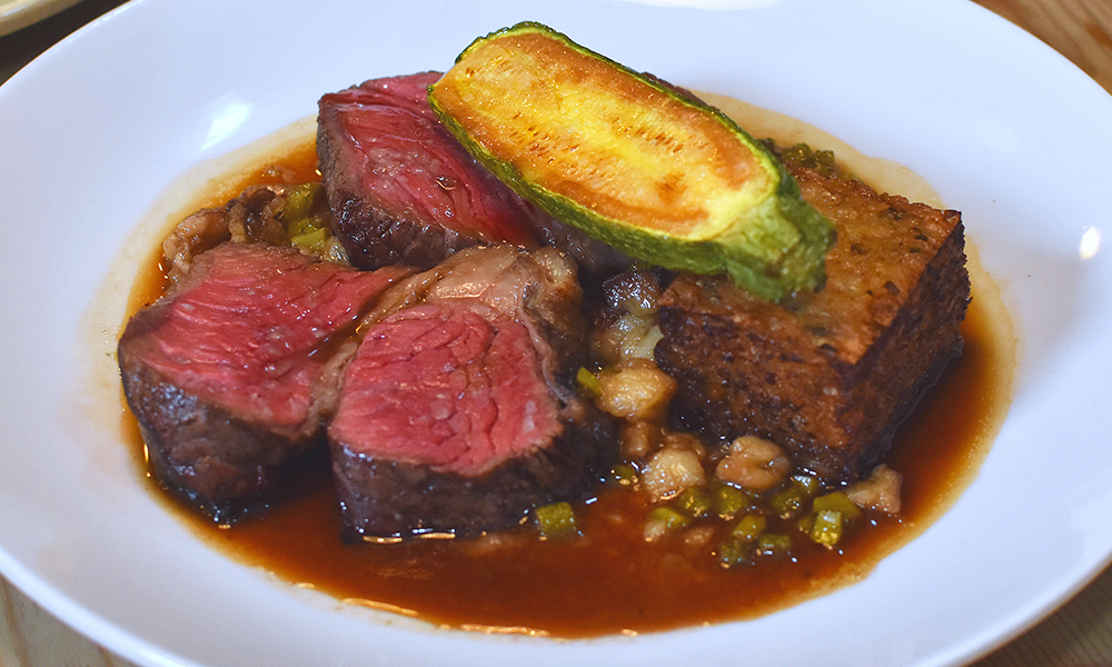 Beef Rump, rich red and juicy with a turnip cake, a chunky halved courgette and a bordelaise sauce (£32) - image by Jon Massey / Wharf Life
