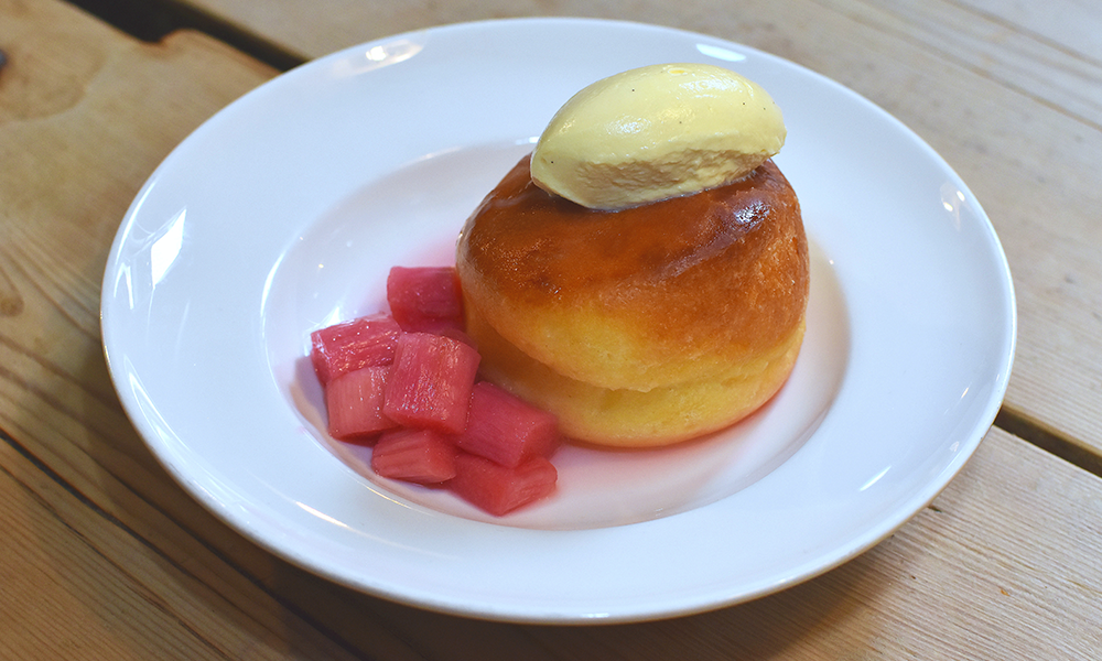 Baba with Japanese plum wine and forced rhubarb at Barge East - image by Jon Massey / Wharf Life