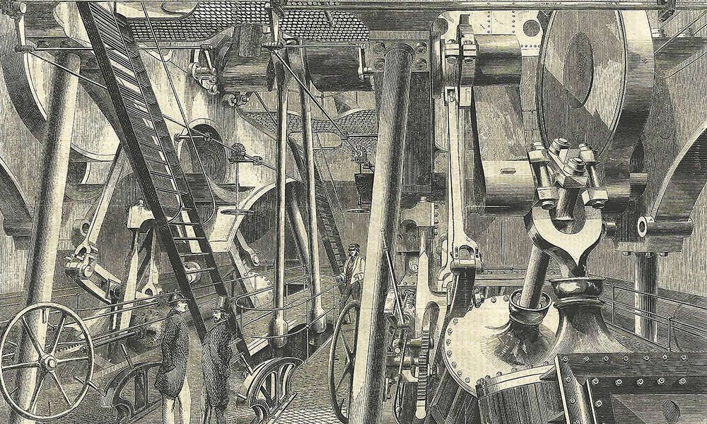 Detail from Great Eastern steamship’s screw engine room antique print, 1859, from The Illustrated London News, £40 - image supplied by Frontispiece