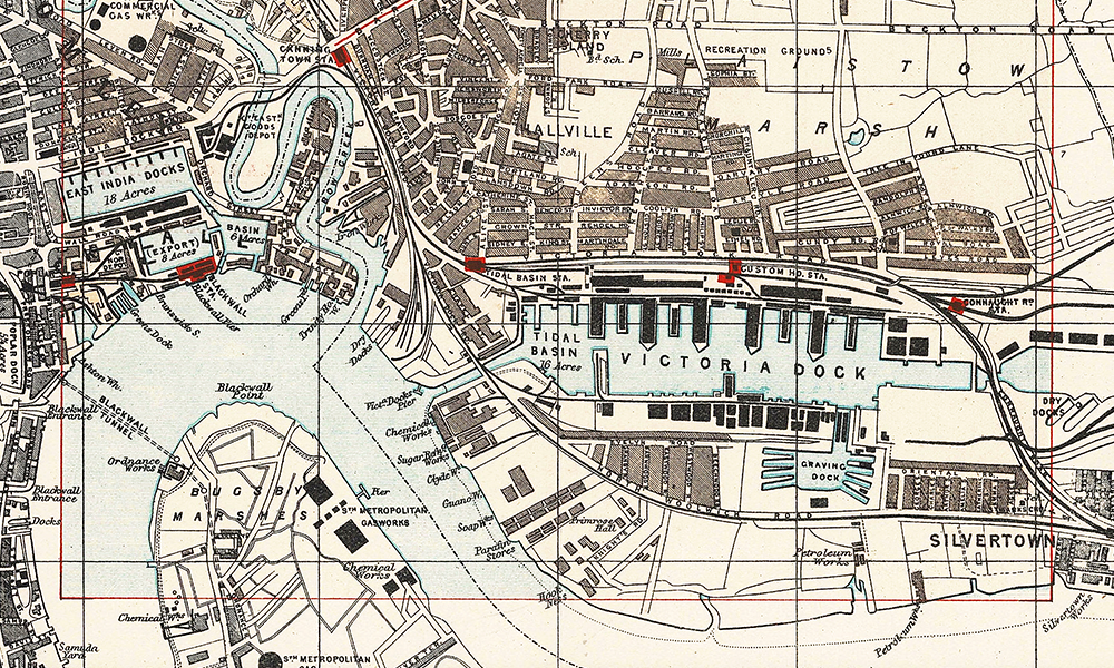 Detail from Victoria Dock Canning Town and East India Docks Poplar antique map, 1902, £48 - image supplied by Frontispiece