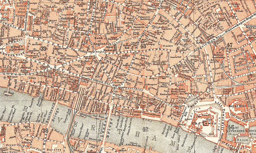 Detail from The City from St Paul’s to the Tower of London antique map, 1890, £40 - image supplied by Frontispiece